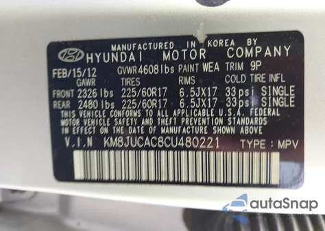 2012 Hyundai Tucson Gls from USA, damaged, VIN KM8JUCAC8CU480221